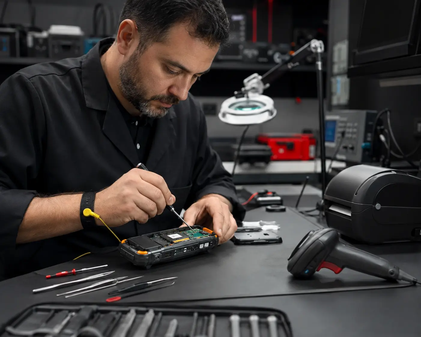 Técnico especializado reparando una computadora móvil en laboratorio