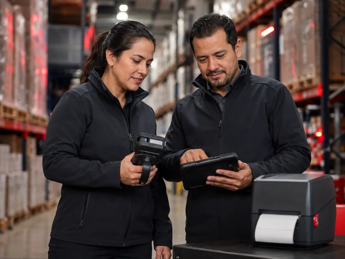 Especialistas de Fast Code System trabajando con tecnología de captura de datos en un centro de distribución